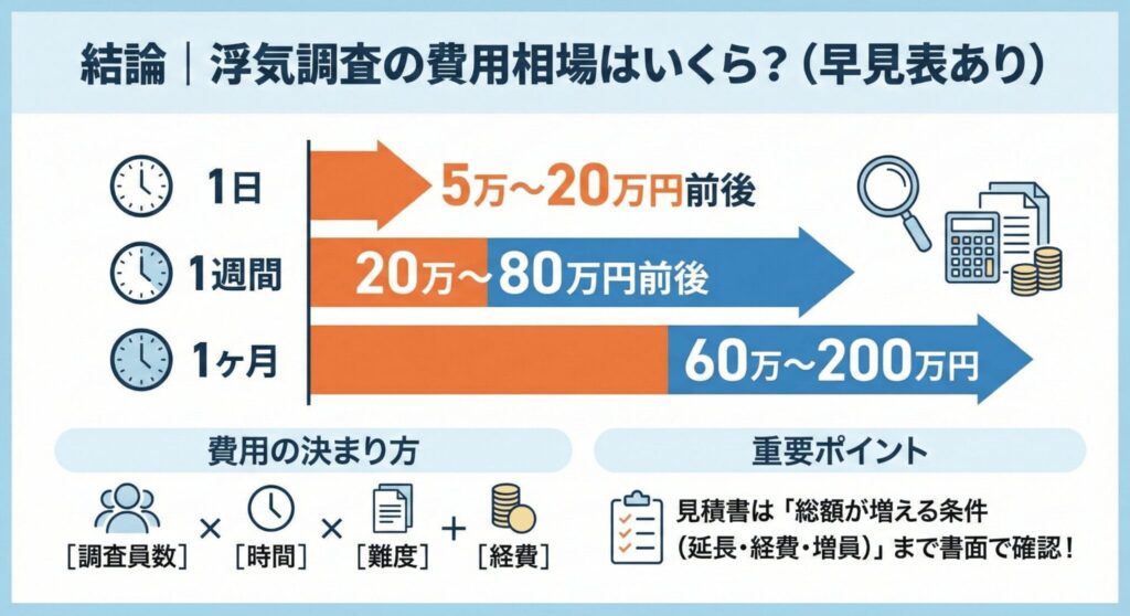 結論｜浮気調査の費用相場はいくら？（早見表あり）